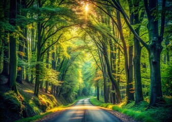 Fototapeta premium Vintage Style Photography of a Serene Road Winding Through a Lush, Dense Forest Surrounded by Tall Trees and Soft Sunlight Filtering Through the Leaves