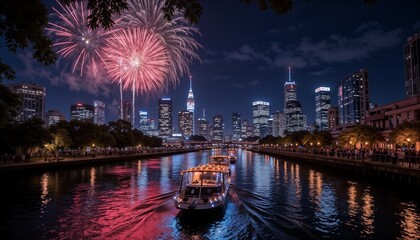 Fototapeta premium Fireworks over Melbourne Skyline. New Year's Eve celebration.