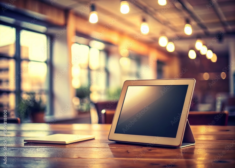 Aufkleber vintage style photography of a tablet computer with blank screen against a blurred office background