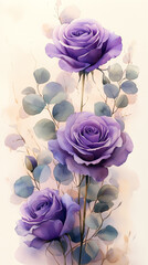 Dreamy watercolor floral border frame, violet and lavender roses with eucalyptus greenery, soft watercolor strokes, light and ethereal, isolated on transparent background