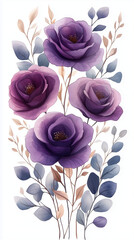 Dreamy watercolor floral border frame, violet and lavender roses with eucalyptus greenery, soft watercolor strokes, light and ethereal, isolated on transparent background