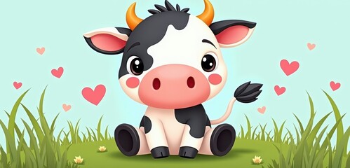 Obraz premium Cute cartoon cow sitting in grass with hearts around, perfect for children's products, farm themes, and playful designs.