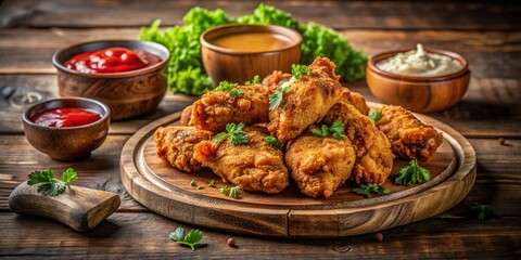 Vintage Style Photography of Crispy Fried Chicken - Plump, Golden Brown Pieces Coated in Batter, Served on a Rustic Plate with Classic Dipping Sauce and Fresh Herbs