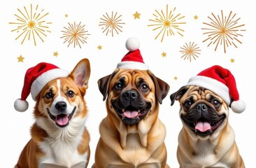 Dogs of different breeds in Santa Claus hats. Fireworks. Pug, corgi, bulldog. New Year's card