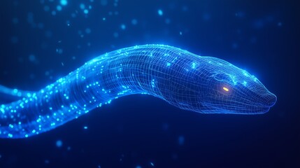 Abstract Moray Eel on a Dark Blue Background, Highlighting Low Poly Wireframe Design with Lines and Glowing Particles for a Futuristic Aesthetic.