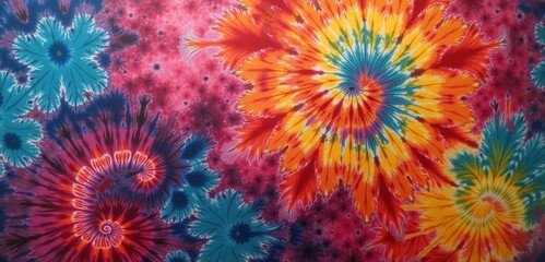 Vibrant tie-dye pattern featuring colorful spirals and floral designs, perfect for textiles, fashion, or creative projects.