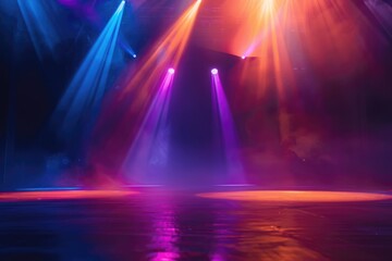 Colorful neon lights on disco floor with abstract background.