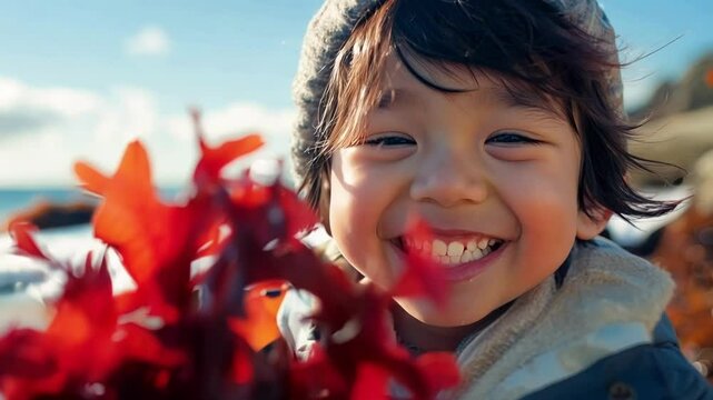 Smiling boy on the beach holds red algae, looking happy with the ocean in the background. He wears casual clothing and a hat, showcasing nature's beauty on a winter day