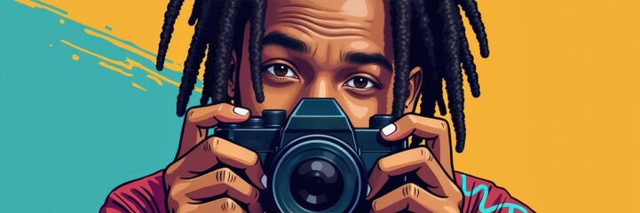 A vibrant graphic of a young photographer capturing moments. Perfect for creative projects, marketing materials, and photography-related content.