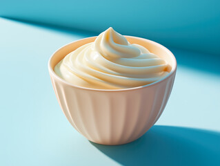 Bowl of whipped cream is sitting on a blue surface