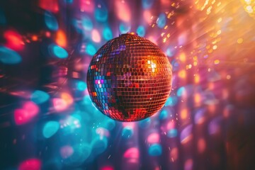 Obraz premium Colorful disco mirror ball lights night club background. Party lights disco ball. Selective focus