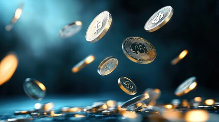 A Stunning Array of Falling Cryptocurrency Coins in Digital Space