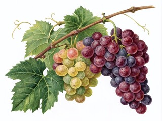Obraz premium Vintage Watercolor Vector Illustration of Grapes Captured in a Documentary Photography Style, Perfect for Wine Enthusiasts and Art Lovers Alike