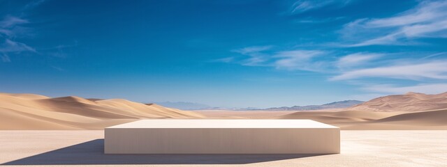 Square Podium with Desert Background, Rectangle Podium on Desert with Blue Sky Background for Display Product Advertising