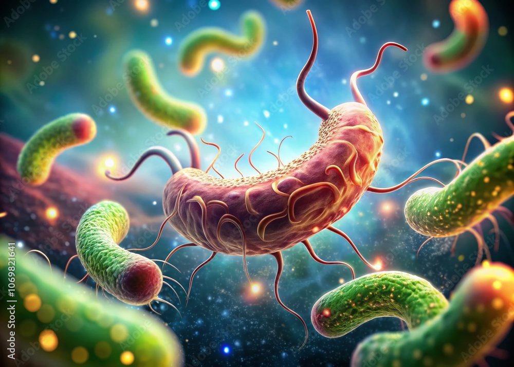 Poster visual representation of helicobacter pylori bacteria's impact on the stomach with bokeh effect for 