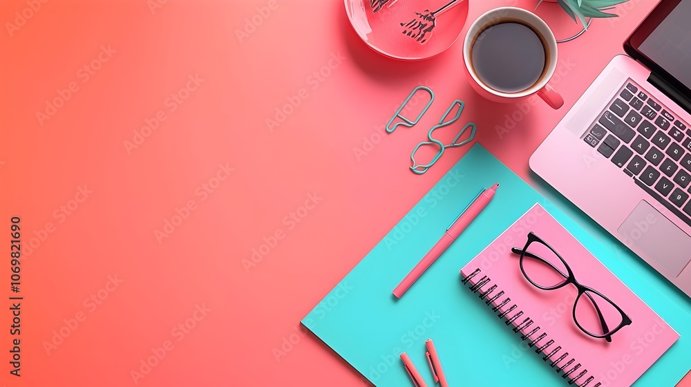 Poster minimalist and organized workspace with open notebook laptop computer and coffee cup surrounded by s