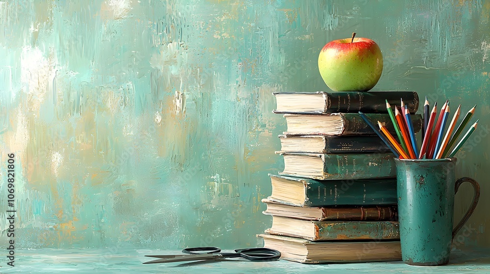 Poster minimalist and organized workspace arrangement featuring a stack of green books topped with an apple