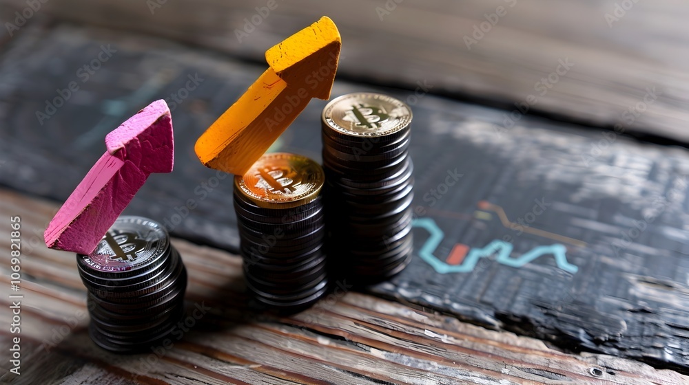 Poster an image depicting financial growth and prosperity with stacked coins and upward pointing arrows on 