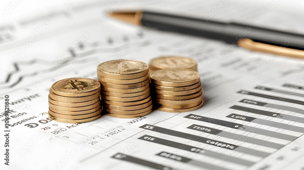 Poster stacked coins resting on a financial document with upward pointing arrows symbolizing growth progres