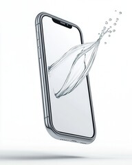 Water Resistant Smartphone: A sleek smartphone emerges from a splash of water, showcasing its waterproof capabilities. Clean and modern design for tech-related marketing and advertising. 