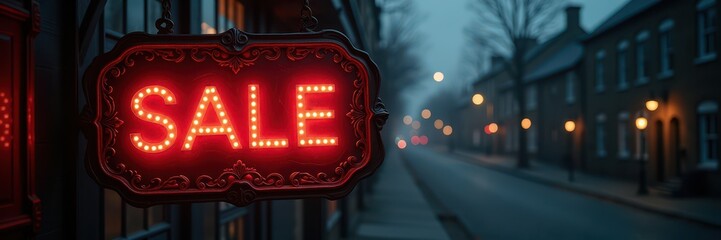 A glowing SALE sign illuminates a quiet, foggy street, perfect for advertising promotions or discounts in retail and e-commerce settings.