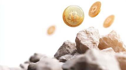 Fototapeta premium Floating Bitcoin Coins Above Piles of Rocks in Bright Environment