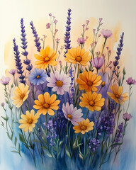 Wildflower watercolor floral border frame, daisies, lavender, and small meadow flowers, soft pastel colors like lavender, yellow, and sky blue, countryside feel, organic and loose design