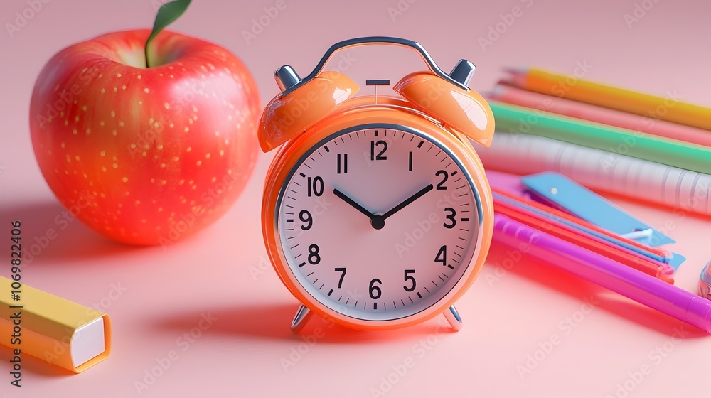 Poster minimalist back to school 3d rendering of an orange alarm clock positioned next to a shiny red apple