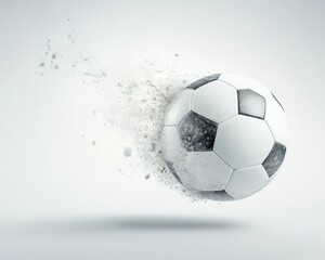 Disintegrating Soccer Ball: Abstract art featuring a soccer ball dissolving into particles, suggesting speed, power, and the fleeting nature of the game.  