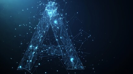 Polygonal Letter A Constructed from Low Poly Shapes, Set on a Dark Blue Background with Glowing Wireframe Lines and Particles.