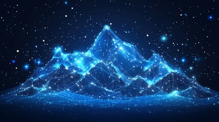 Big Data Concept Featuring Abstract Digital Mountain Range, Glowing Points, and Wireframe Lines on a Dark Blue Background.