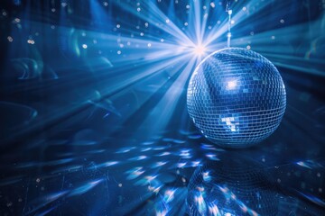 Disco ball shining in blue party background photo.