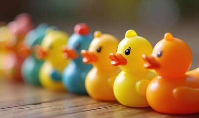 A colorful row of rubber duck toys, perfect for playful settings, children's products, or bath accessories in marketing materials.