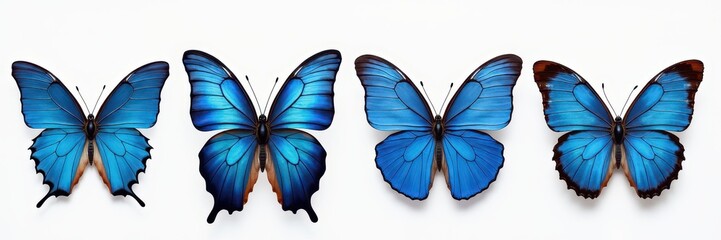 Fototapeta premium A stunning display of four blue butterflies, showcasing their intricate wing patterns and vibrant colors. Ideal for nature-inspired designs or educational materials.