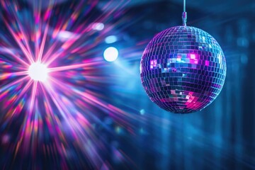 Obraz premium Disco ball with bright rays night party background photo.