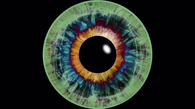 Close-up of a human iris with psychedelic multicolored patterns