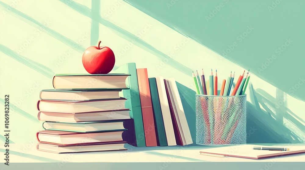 Poster minimalist educational setup featuring a tall stack of books with a red apple beside a mesh containe