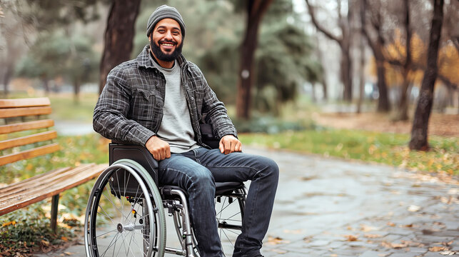 Smiling disabled man in wheelchair enjoying autumn in park setting