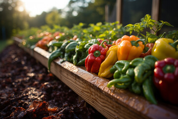 Vegetable garden with neat rows of tomatoes, peppers, and lettuce, a small watering can nearby, rich dark soil, and fresh morning light illuminating the plants