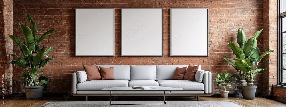 Wall mural Blank Canvas Frames on Red Brick Wall with Sofa in Loft Room, Empty Three Picture Frames on Loft Style Wall, Photo Frames Mockup on Brick Wall