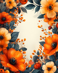 Watercolor floral border frame with autumn flowers and foliage, warm orange, deep red, and golden yellow hues, rustic and cozy, loose and natural brushstrokes, fall season theme