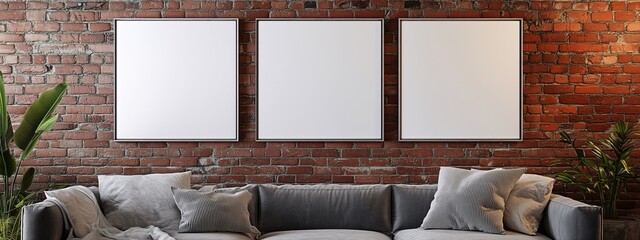 Blank Canvas Frames on Red Brick Wall with Sofa in Loft Room, Empty Three Picture Frames on Loft Style Wall, Photo Frames Mockup on Brick Wall