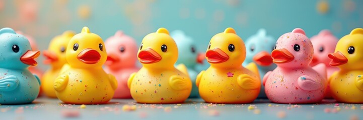 Charming collection of colorful rubber ducks against a playful backdrop, perfect for children's products, toys, and playful branding concepts.