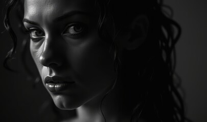 Fototapeta premium A striking black and white portrait highlighting the intense gaze and features of a young woman, perfect for beauty, fashion, or emotional storytelling themes.