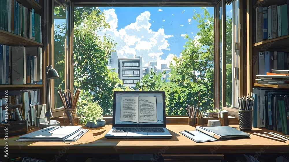 Poster neatly arranged and organized workspace with an open textbook laptop and various stationery items pr