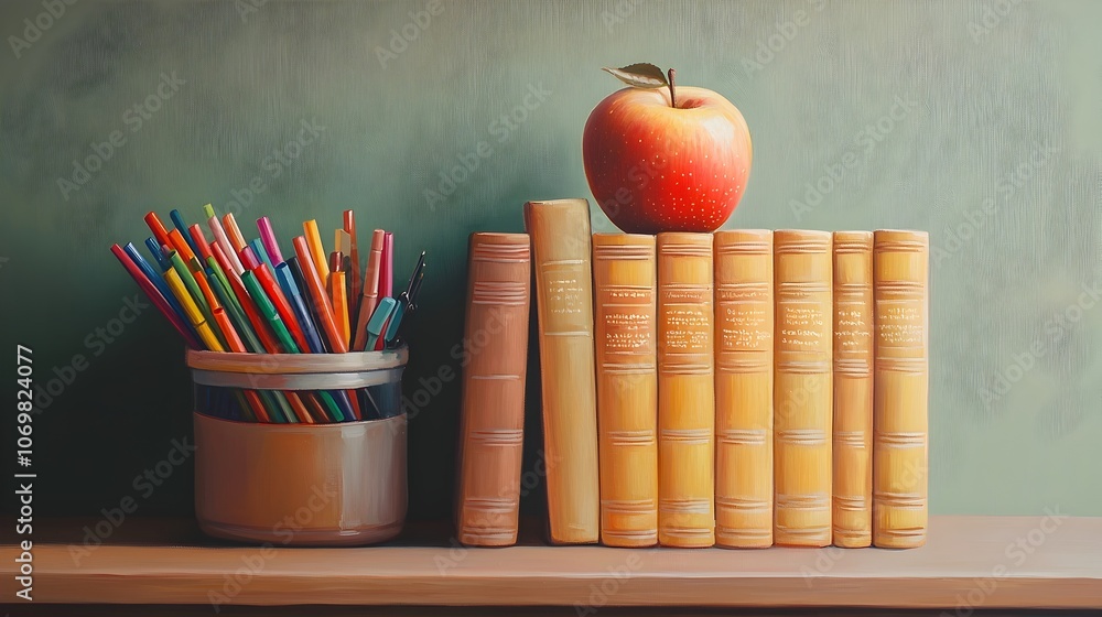 Poster neatly arranged composition of a stack of yellow books crowned by an apple next to a container fille