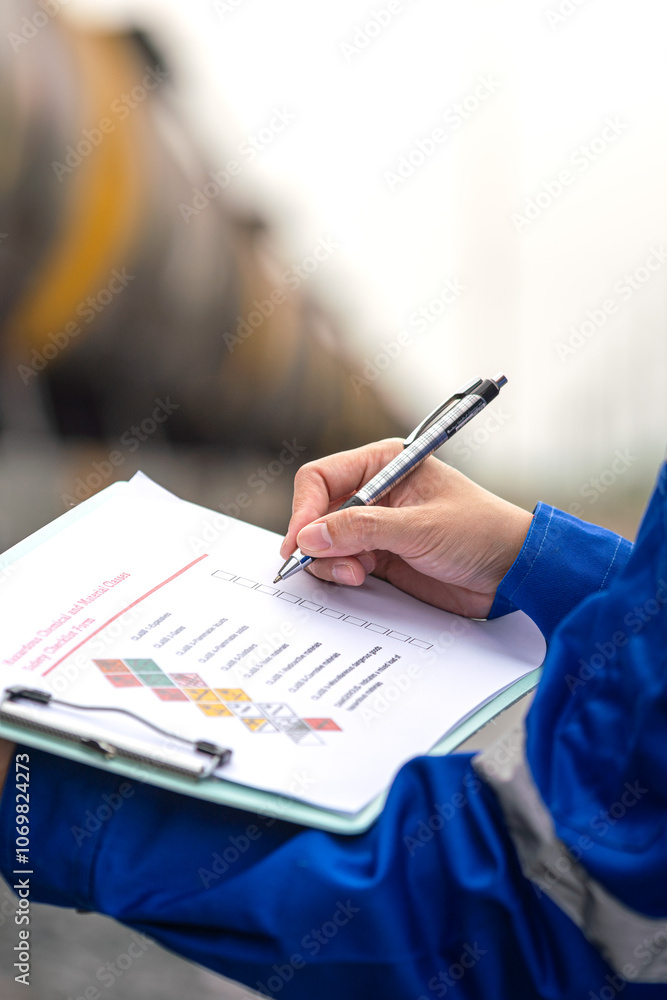 Wall mural a worker is checking on chemical hazardous material checklist form with background of train tanker t