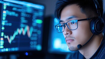 Focused Young Professional Analyzing Financial Data on Multiple Monitors