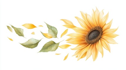 Watercolor Sunflower with Falling Petals: A delicate and vibrant watercolor illustration of a sunflower with falling petals, evoking feelings of warmth, sunshine, and summer.