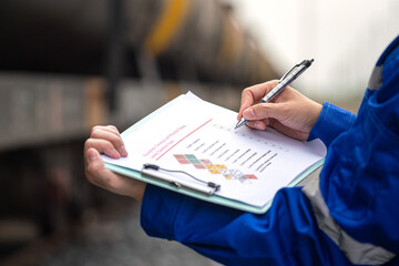 A worker is checking on chemical hazardous material checklist form with background of train tanker...